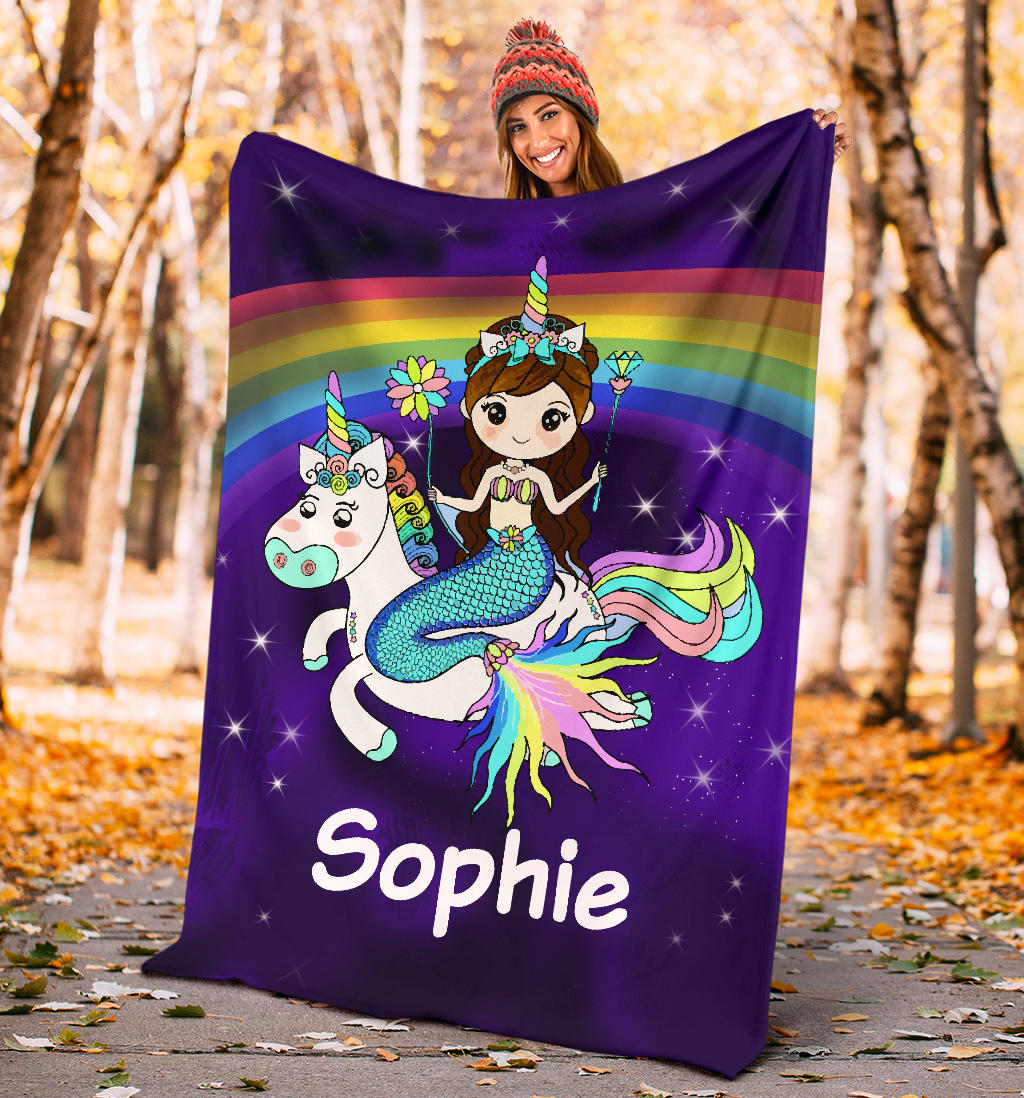 Personalized Name Mermaid & Unicorn Rainbow Blanket for Girls & Boys, Custom Name Blanket for Kids