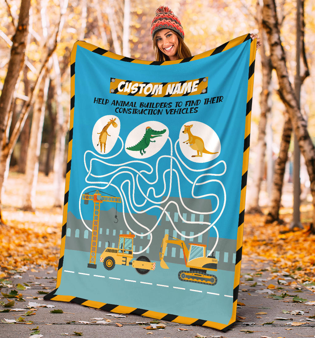 Personalized Name, Educational, Learning Help Animal Builders to Find Their Construction Vehicles Blanket for Kids, Maze Blanket for Boys & Girls