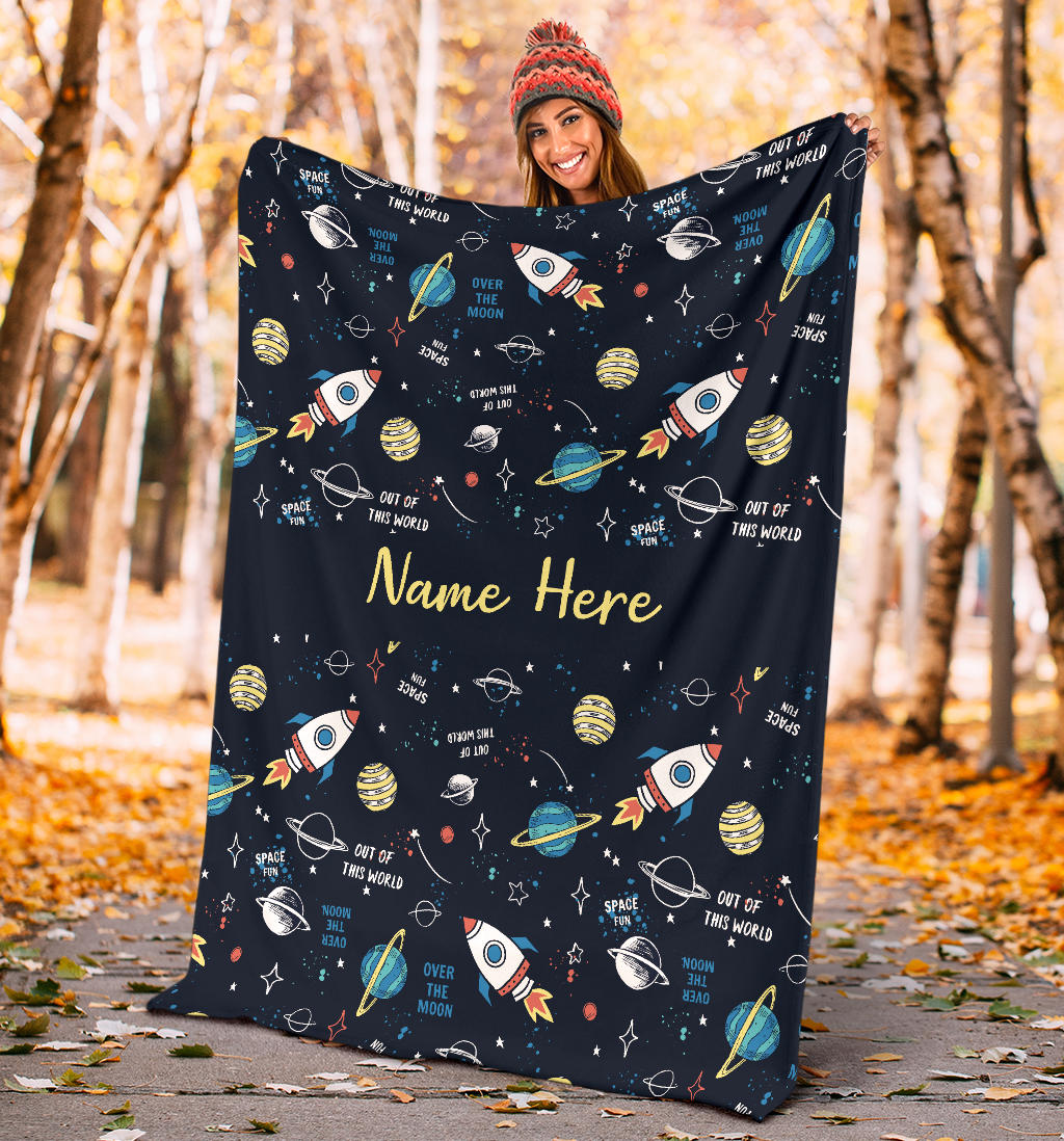 Personalized Name Space Blanket with Rockets & Planets for Boys & Girls