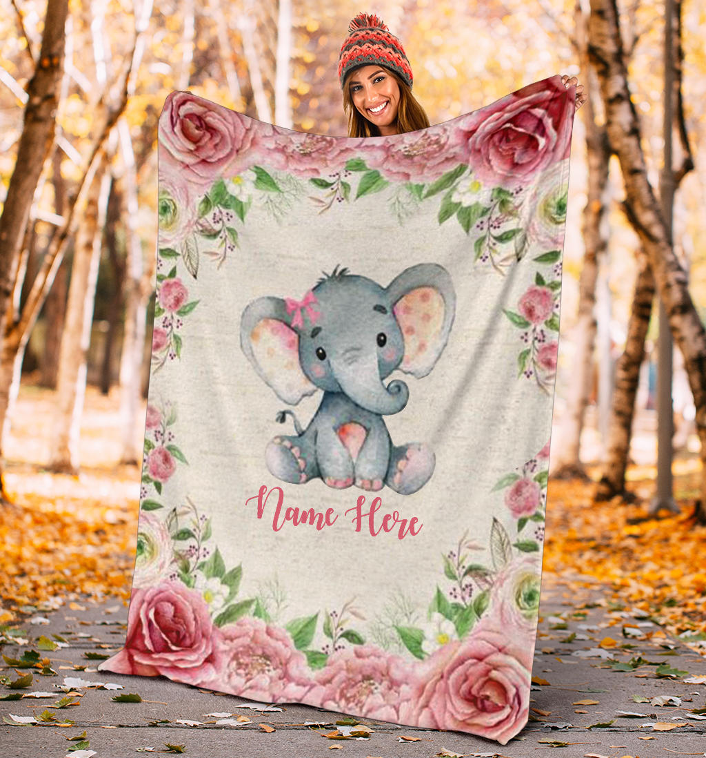 Personalized Name Cute Elephant Blanket for Girls & Babies