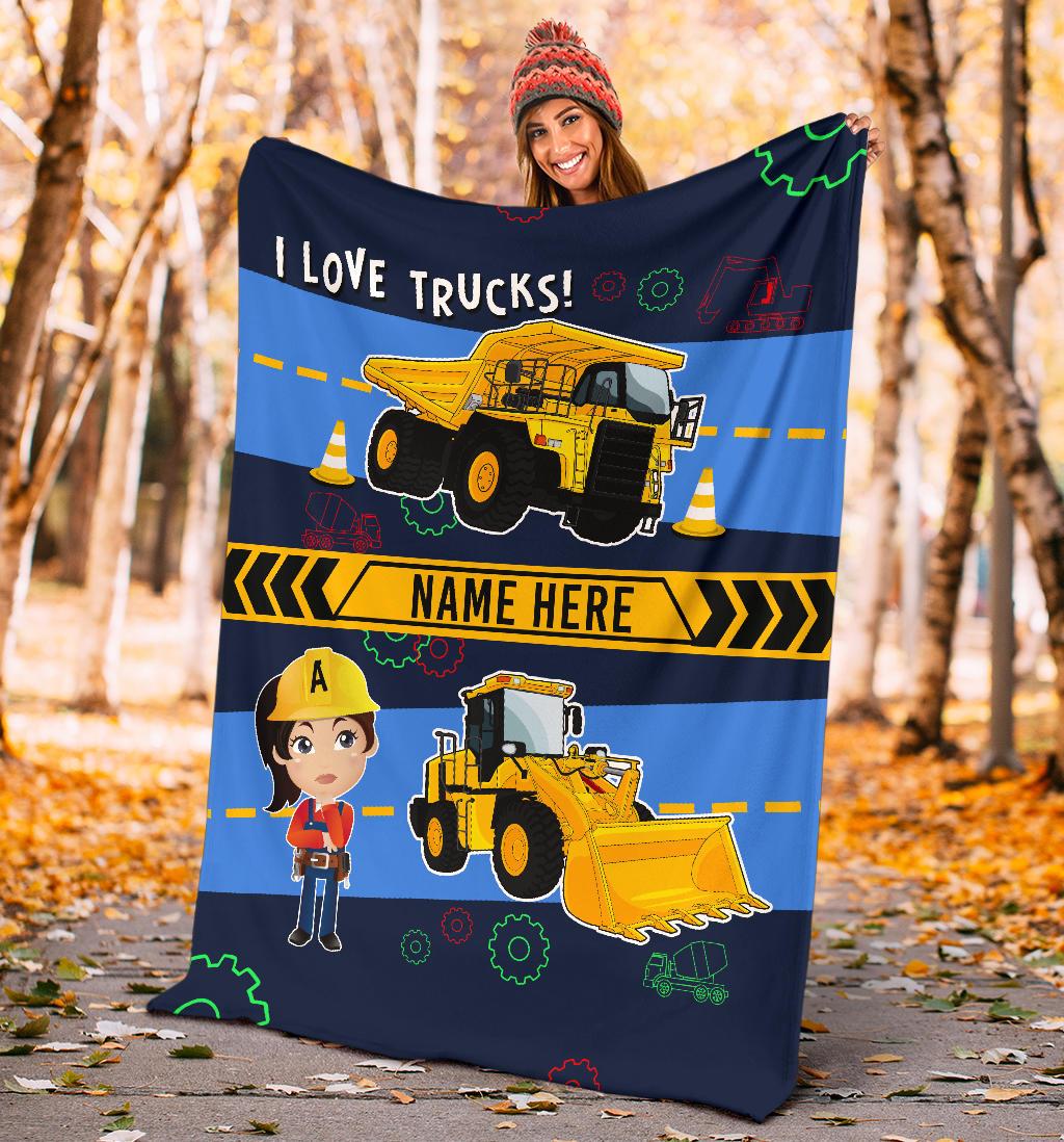 Personalized Name I Love Trucks Blanket for Boys & Girls with Character Personalization