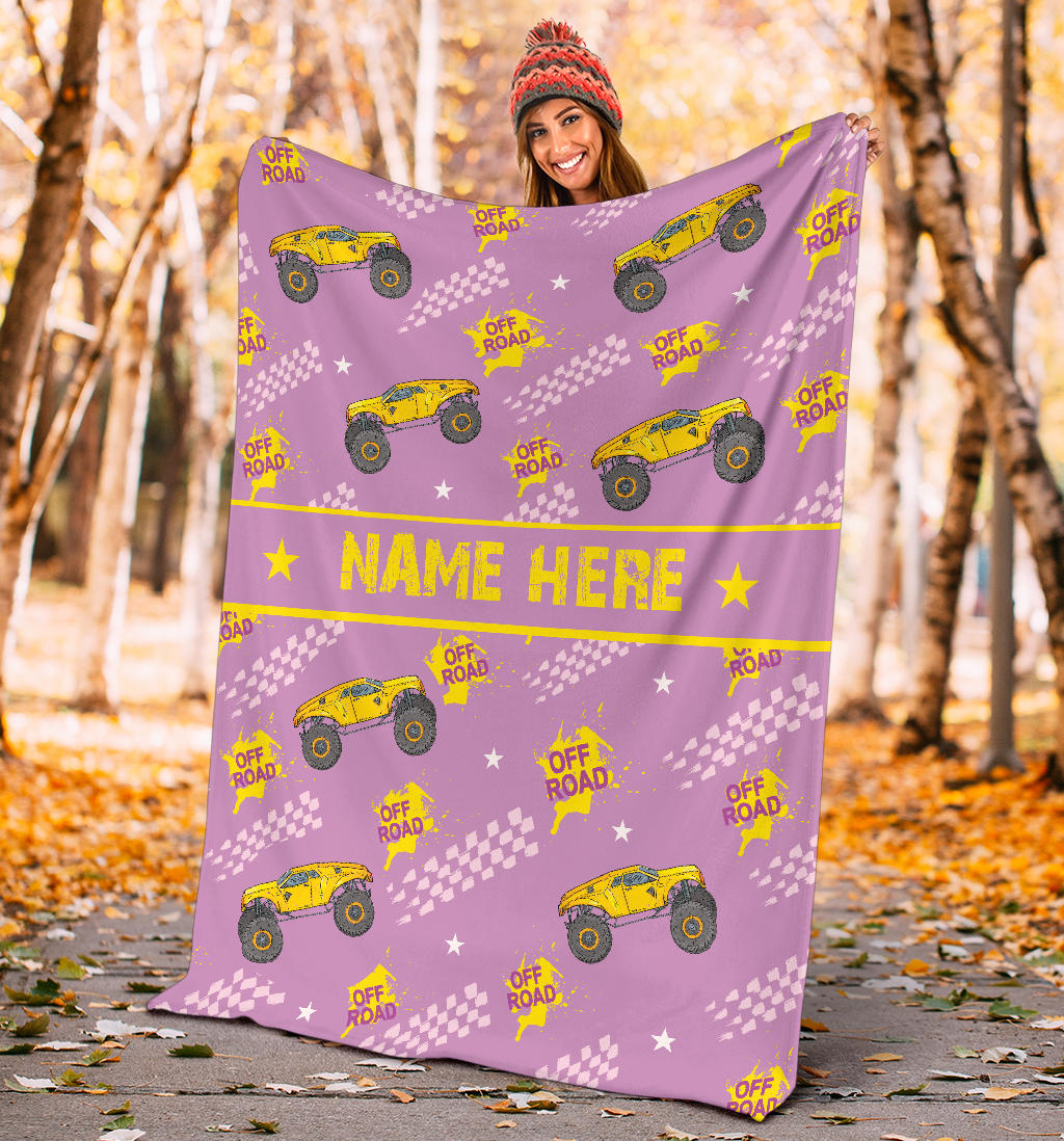 Personalized Name Monster Truck Pink Blanket for Girls, Boys & Adults