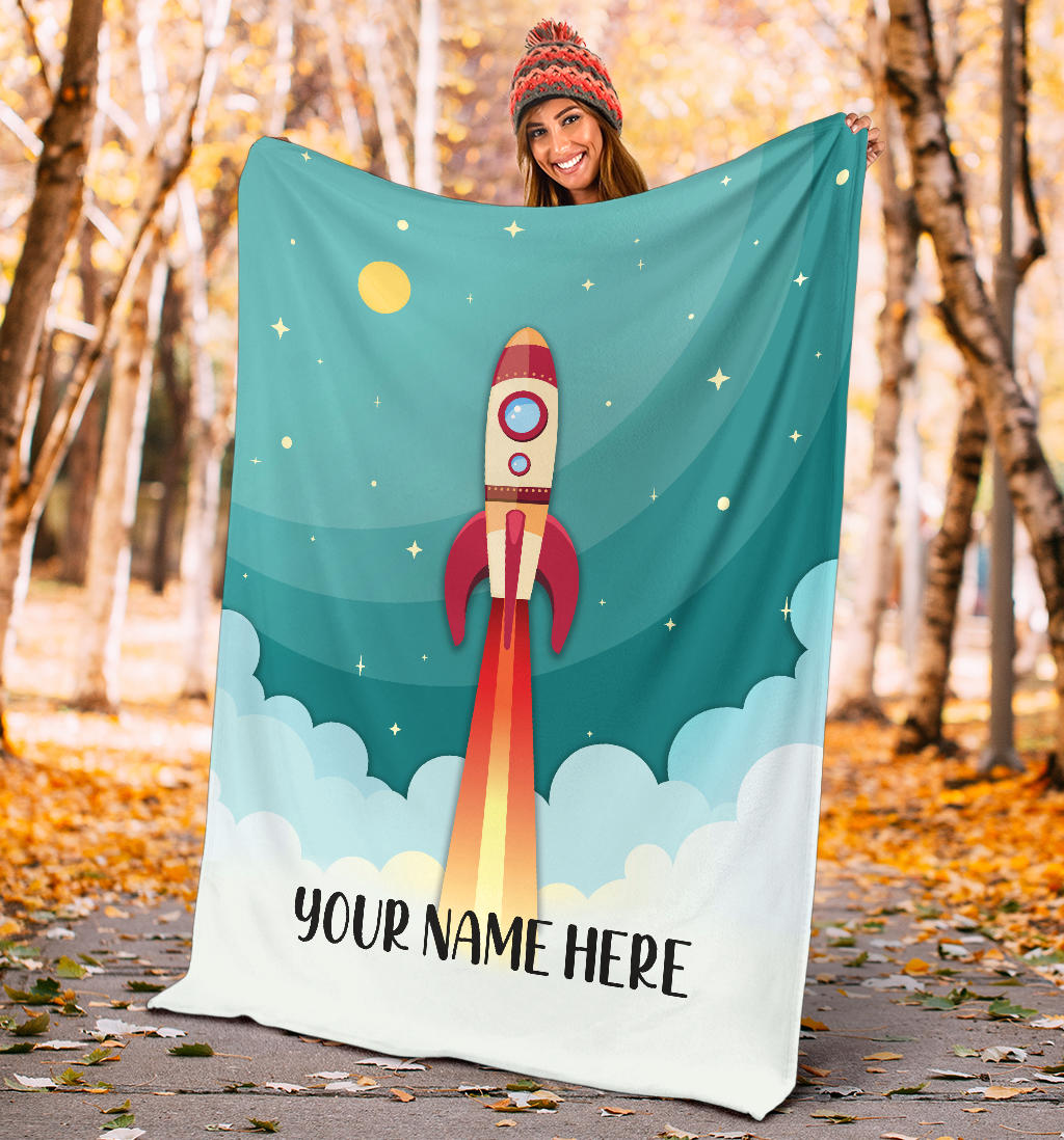 Personalized Name Kids Rocket Launch Space Theme Blanket for Boys and Girls