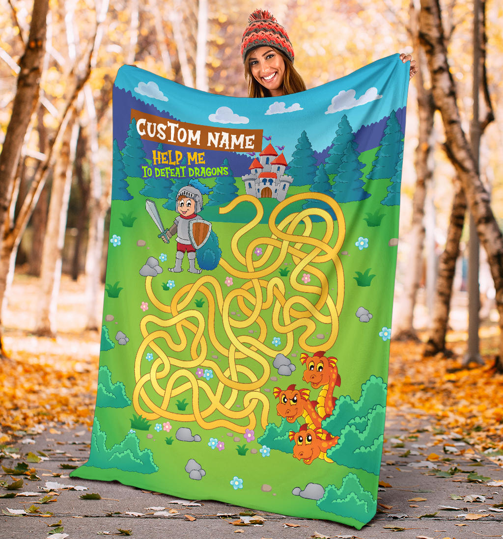 Personalized Name, Educational, Learning Help a Knight To Defeat Dragons Blanket for Kids, Maze Blanket for Boys & Girls