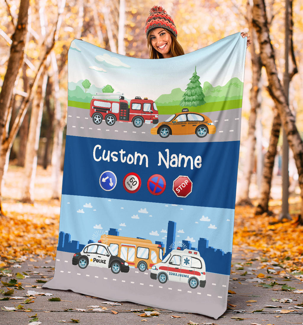 Personalized Name Police, Ambulance, Firefighter, Taxi, Bus Blanket for Kids, Custom Blanket for Boys & Girls