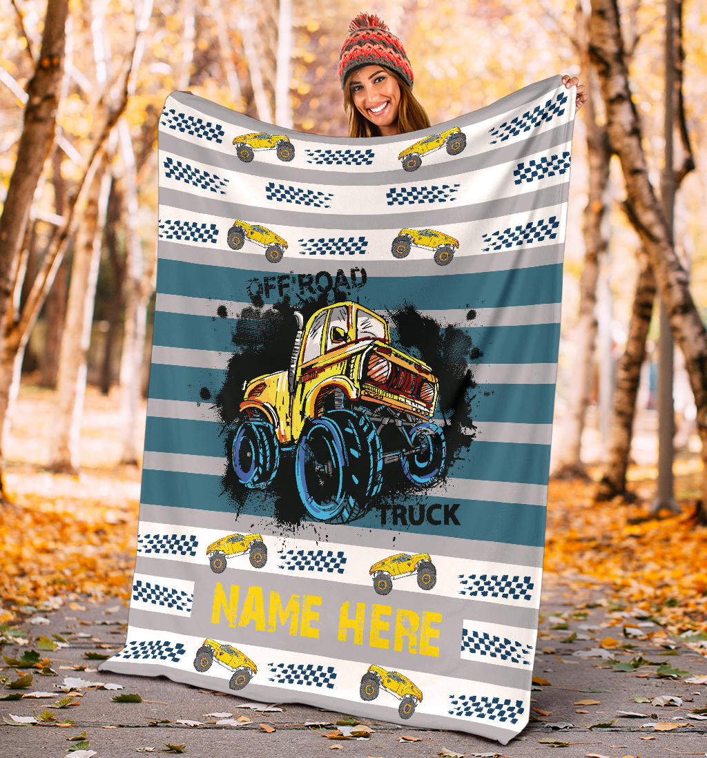 Personalized Name Monster Truck Blanket with Blue Stripes for Boys, Girls & Adults