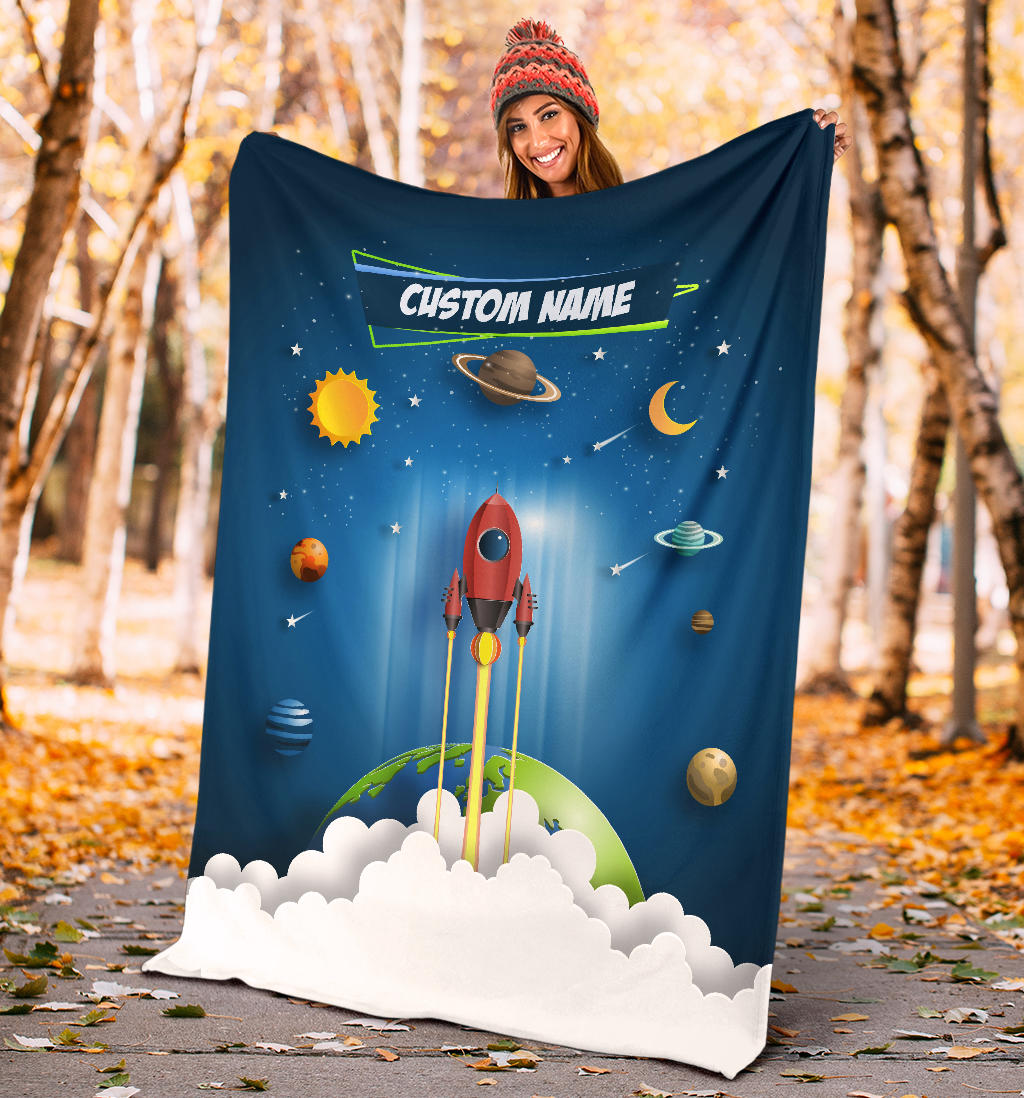 Personalized Name Space Rocket Launch Blanket for Kids, Space Blanket for Boys and Girls