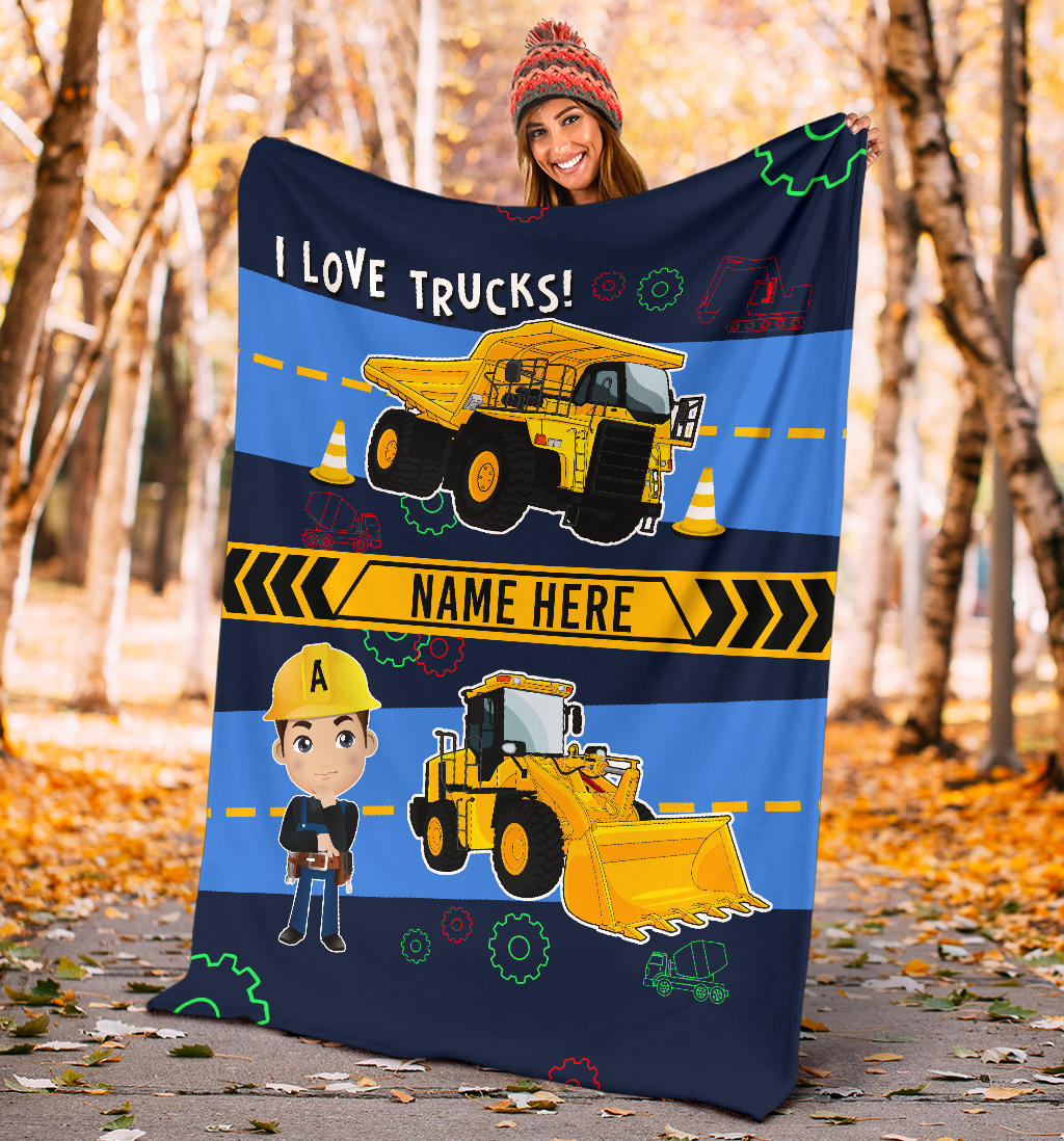 Personalized Name I Love Trucks Blanket for Boys & Girls with Character Personalization