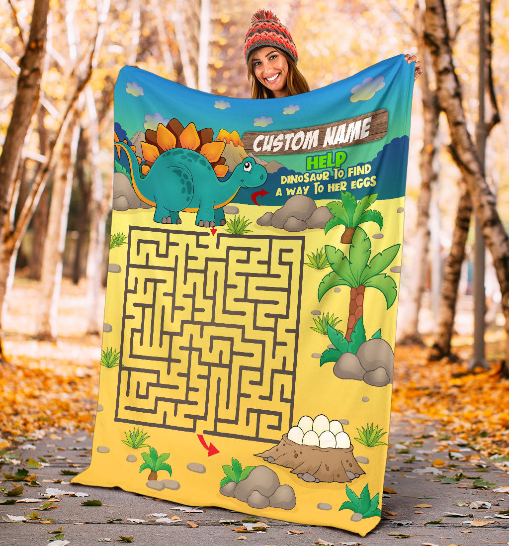Personalized Name, Educational, Learning Help Dinosaur to Find a Way to Her Eggs Blanket for Kids, Boys & Girls Maze Blanket