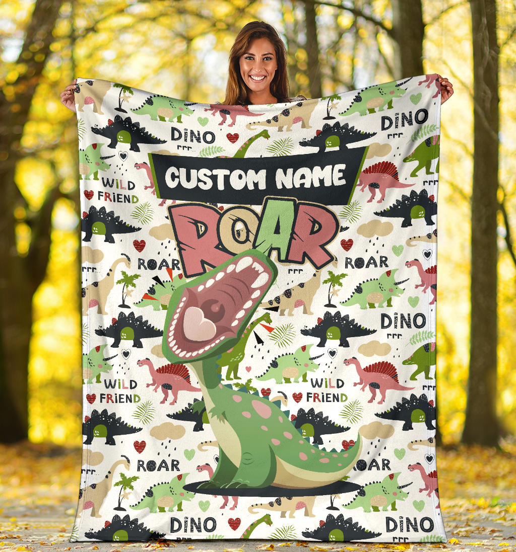 Personalized Name Dino Roar Dinosaur Blanket for Boys & Girls