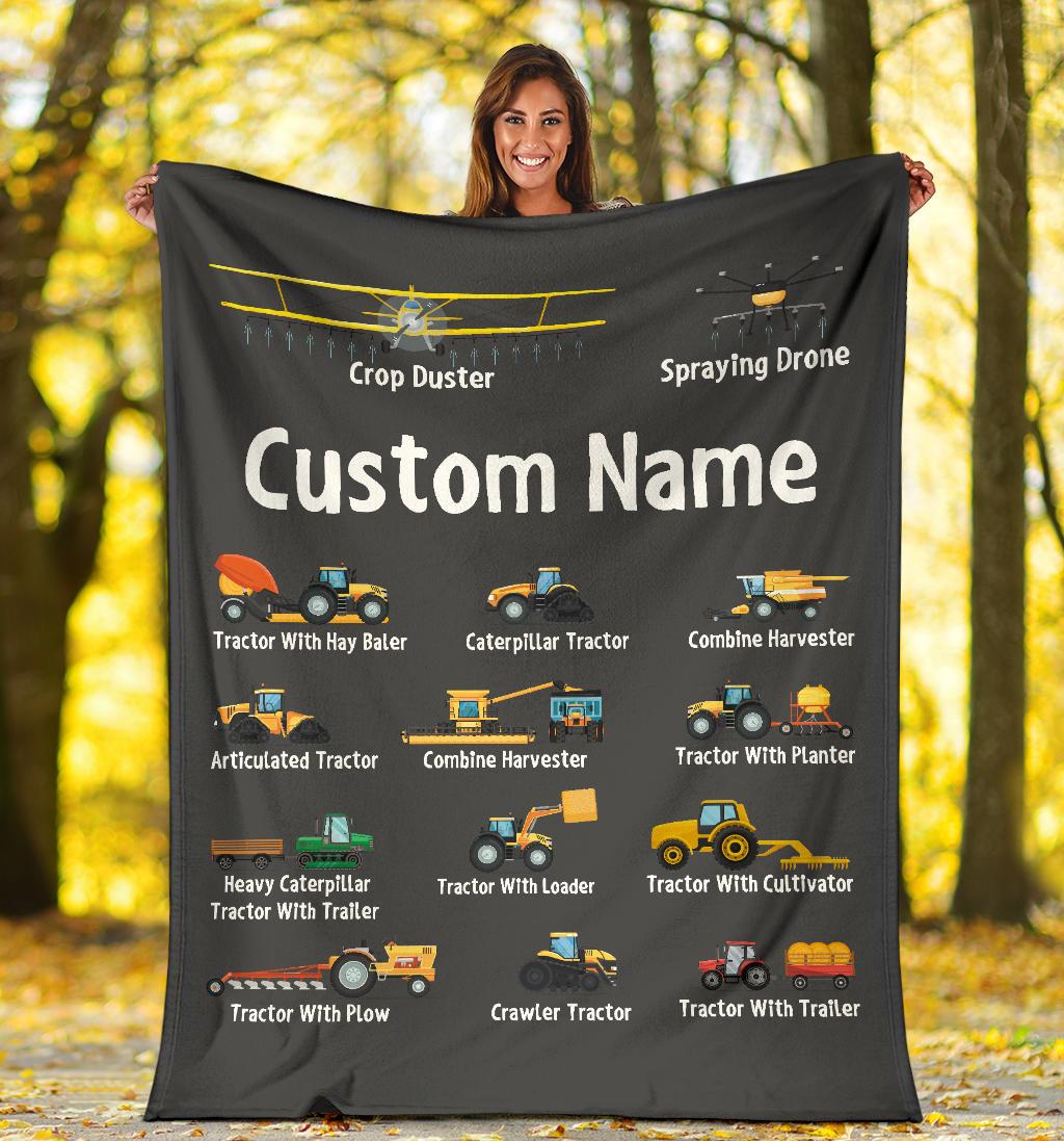 Personalized Name Tractor Blanket for Kids, Custom Name Farming Machinery Blanket for Boys & Girls