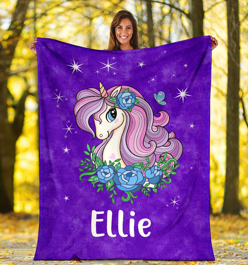 Personalized Name Sparkling Unicorn Purple Blanket for Girls & Babies