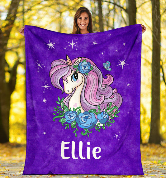 Personalized Name Sparkling Unicorn Purple Blanket for Girls & Babies