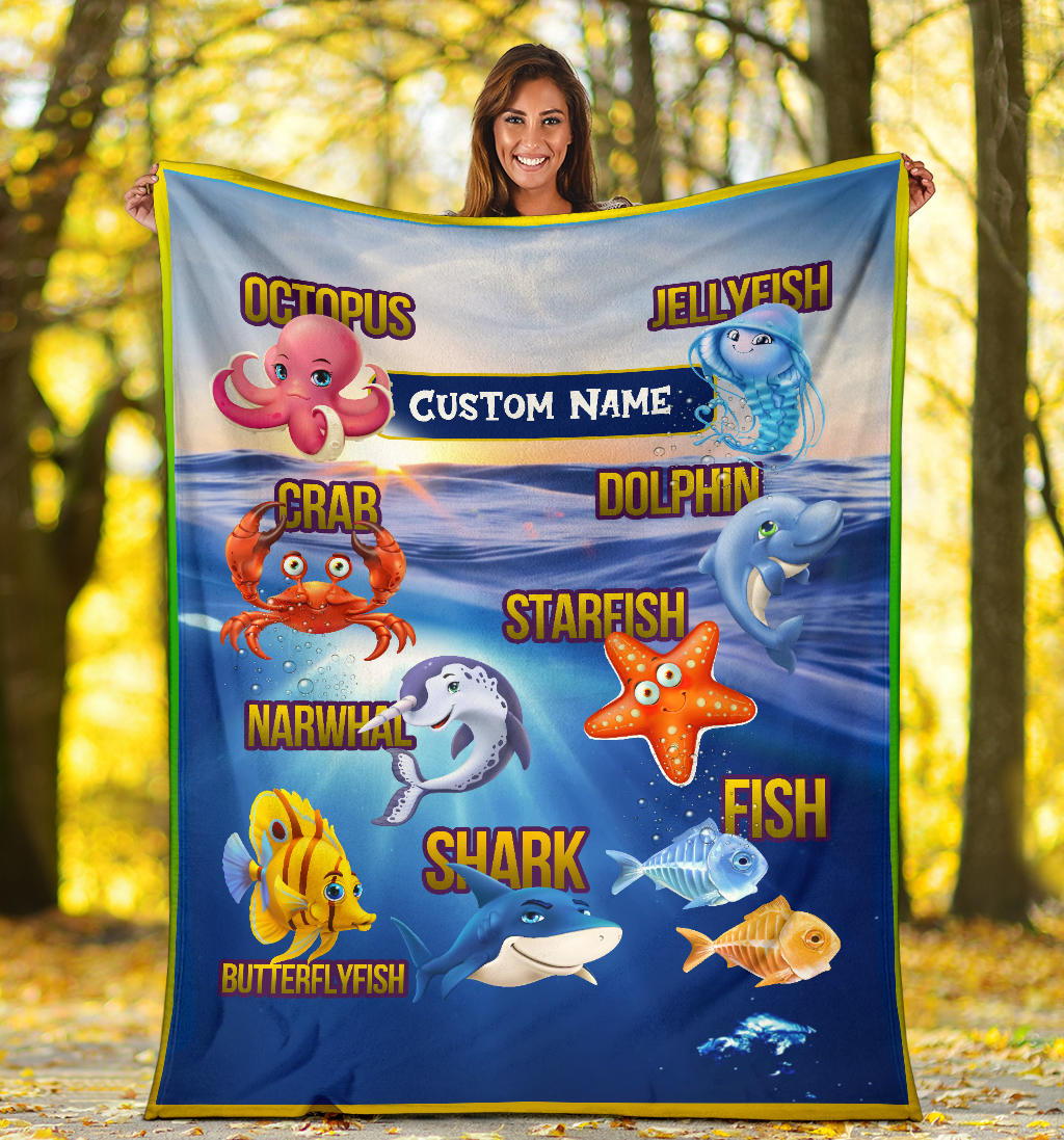 Personalized Name Sea Animals Blanket for Kids, Educational, Learning Custom Name Blanket for Boys & Girls