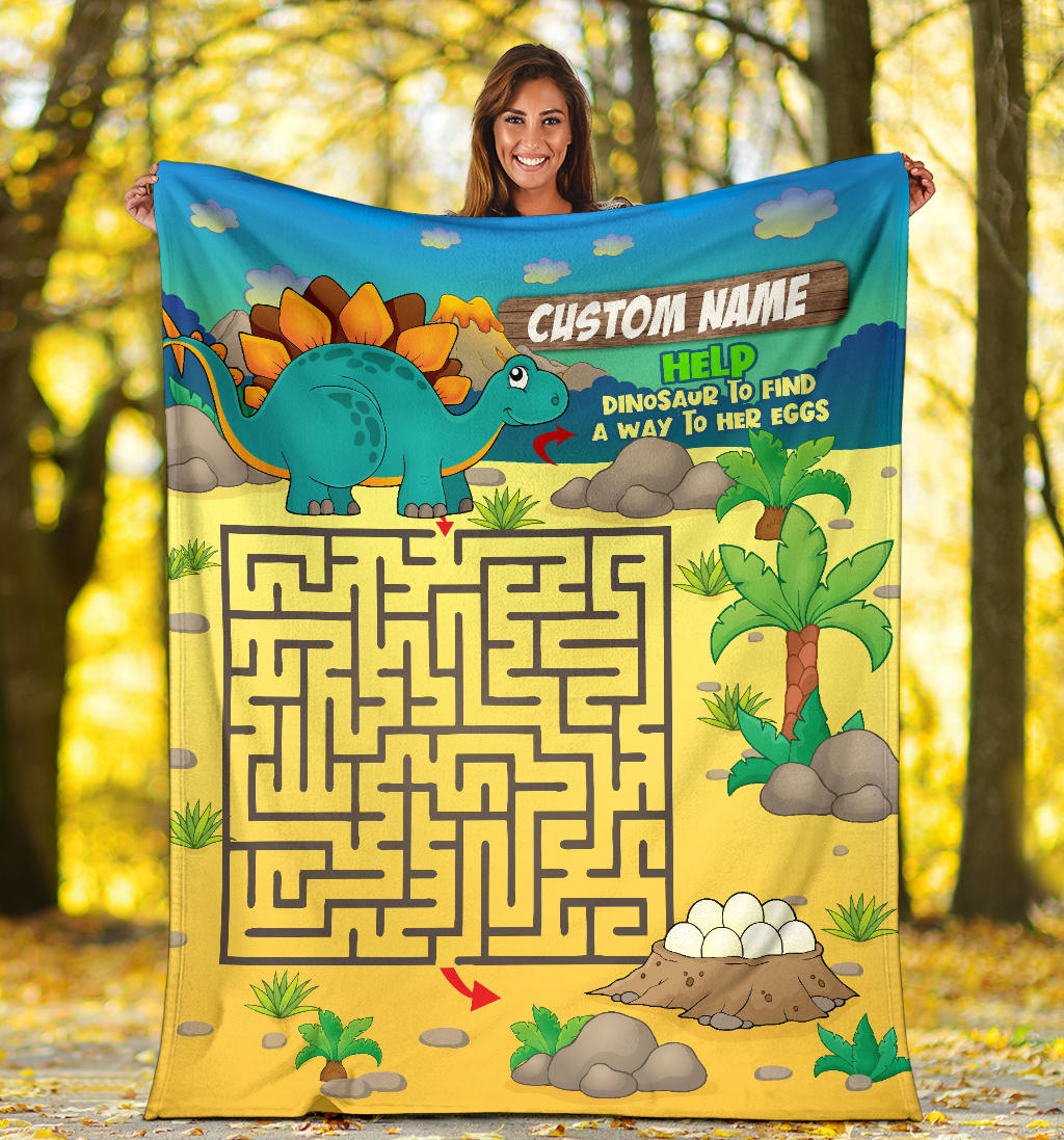 Personalized Name, Educational, Learning Help Dinosaur to Find a Way to Her Eggs Blanket for Kids, Boys & Girls Maze Blanket