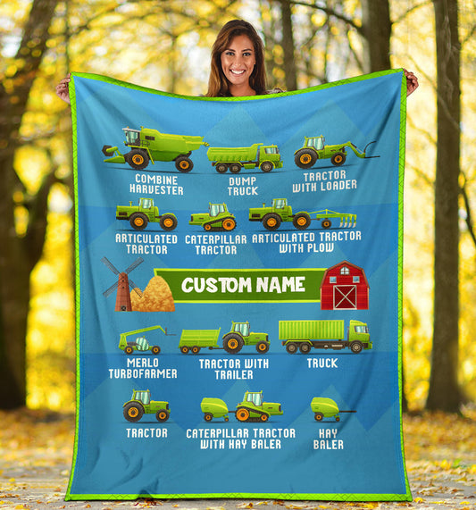 Personalized Name, Farm, Agricultural Machinery, Tractor Blanket for Kids, Boys & Girls Custom Name Blanket