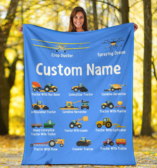 Personalized Name Tractor Blanket for Kids, Custom Name Farming Machinery Blanket for Boys & Girls