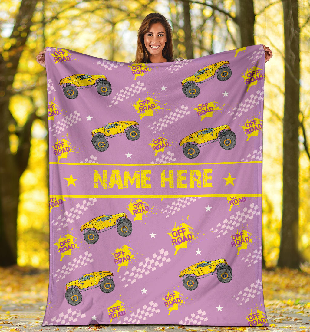 Personalized Name Monster Truck Pink Blanket for Girls, Boys & Adults