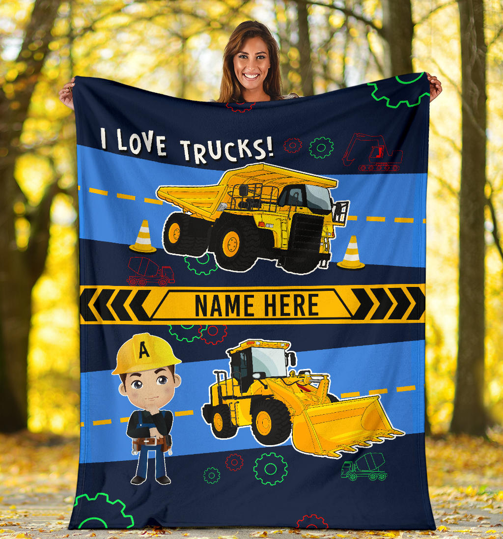 Personalized Name I Love Trucks Blanket for Boys & Girls with Character Personalization