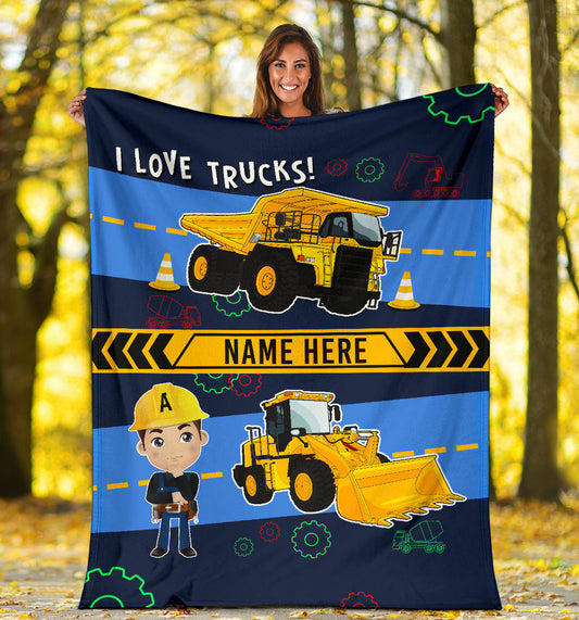 Personalized Name I Love Trucks Blanket for Boys & Girls with Character Personalization
