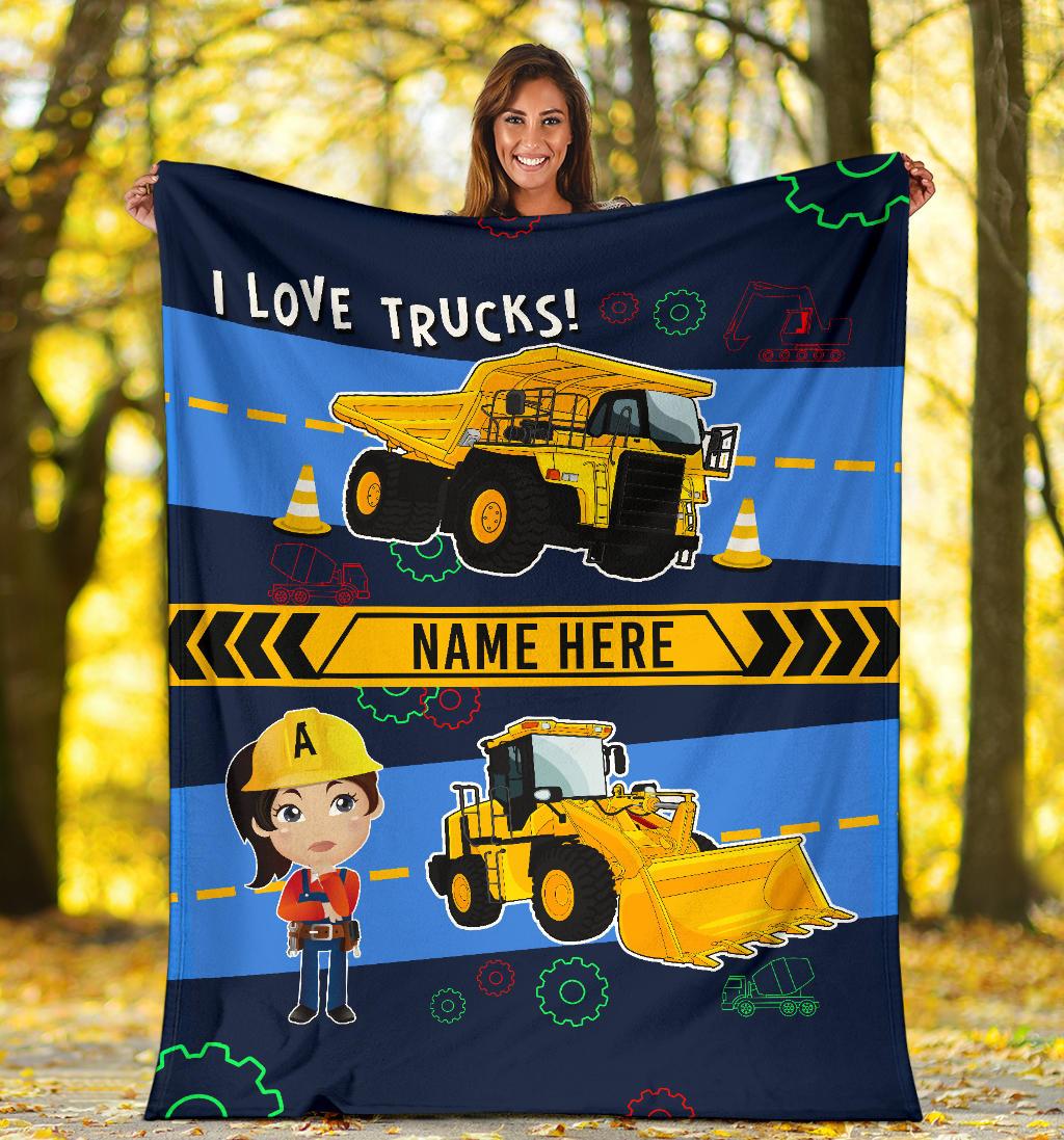 Personalized Name I Love Trucks Blanket for Boys & Girls with Character Personalization