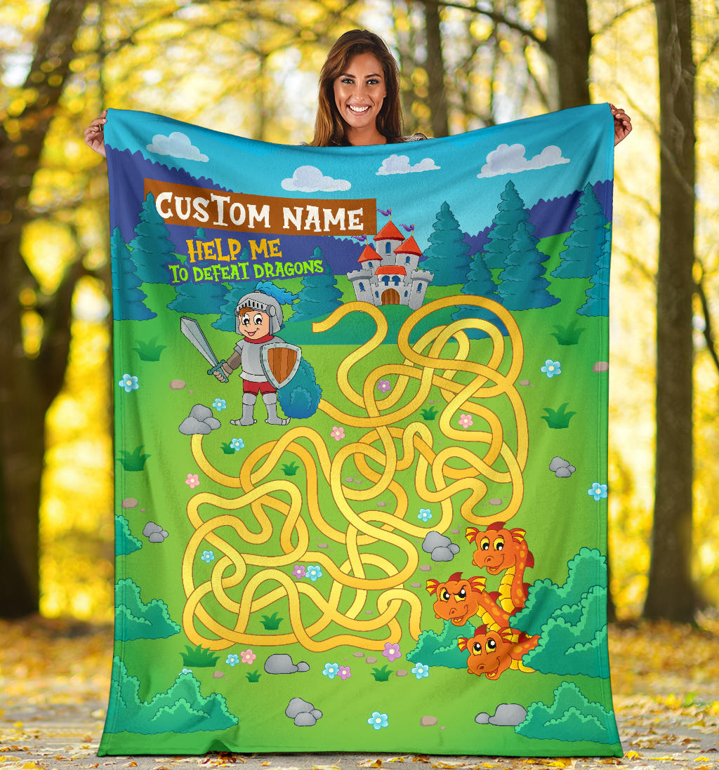 Personalized Name, Educational, Learning Help a Knight To Defeat Dragons Blanket for Kids, Maze Blanket for Boys & Girls