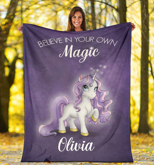Personalized Name Believe in Your Own Magic Unicorn Blanket