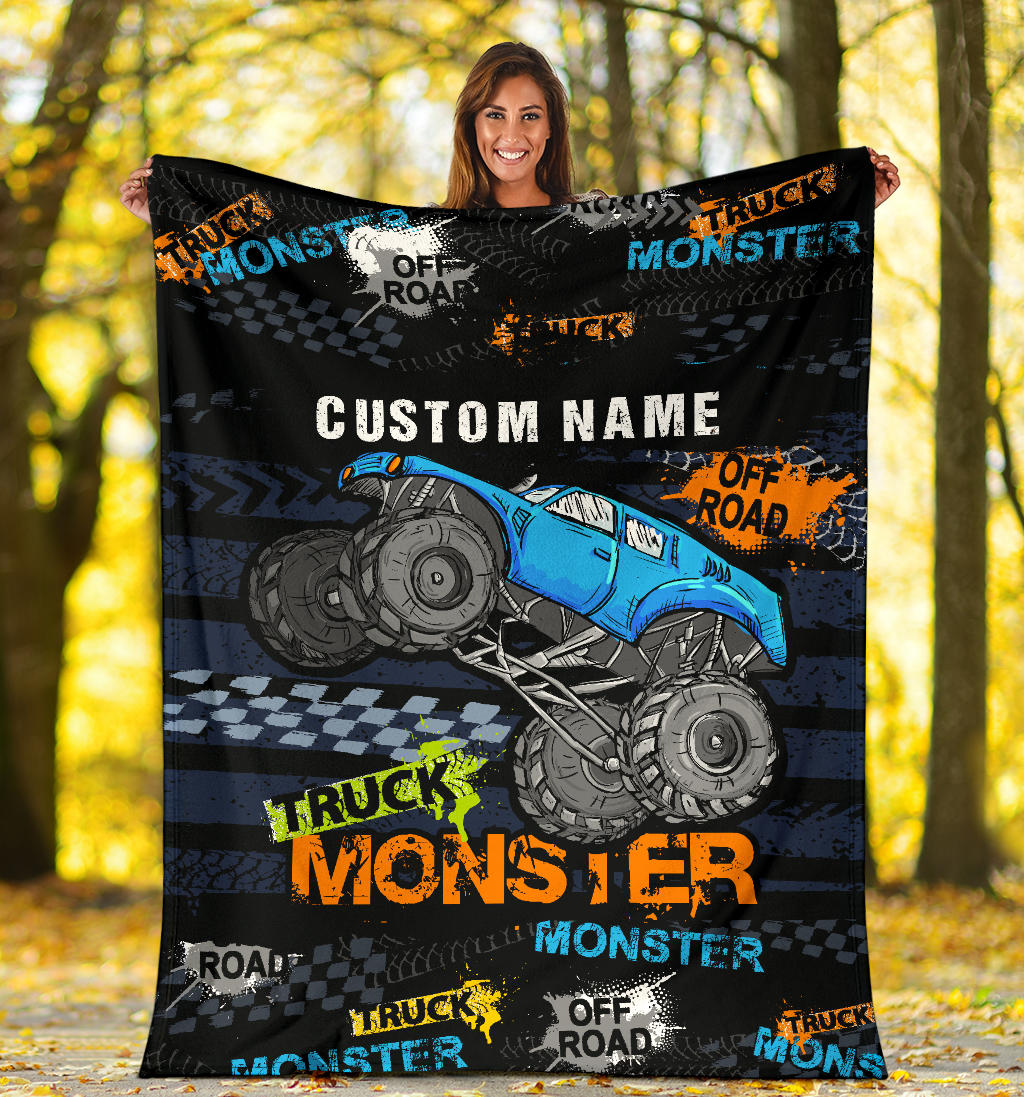 Personalized Name Blue Monster Truck Blanket for Boys & Girls