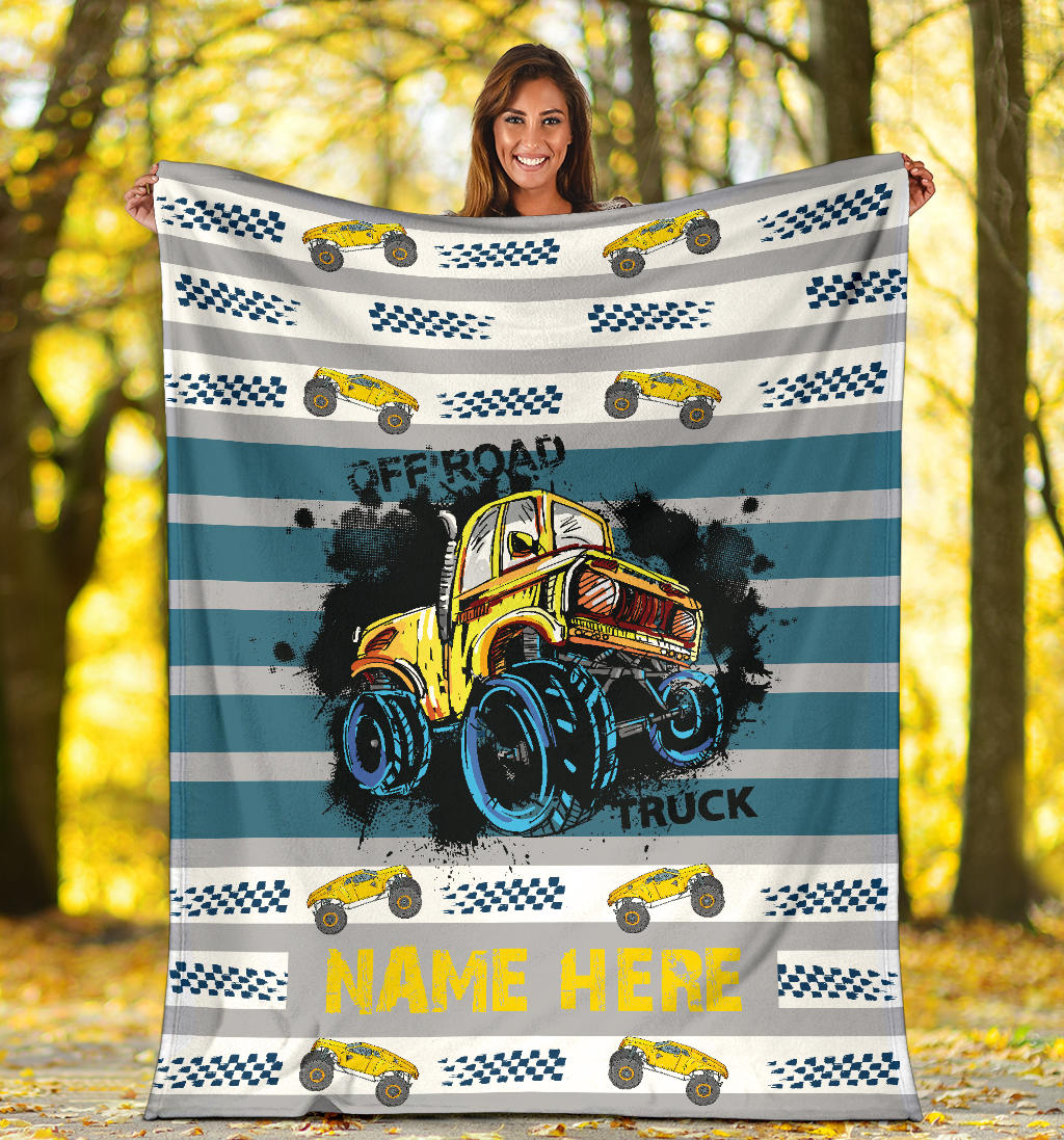 Personalized Name Monster Truck Blanket with Blue Stripes for Boys, Girls & Adults