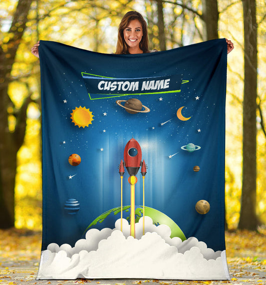Personalized Name Space Rocket Launch Blanket for Kids, Space Blanket for Boys and Girls