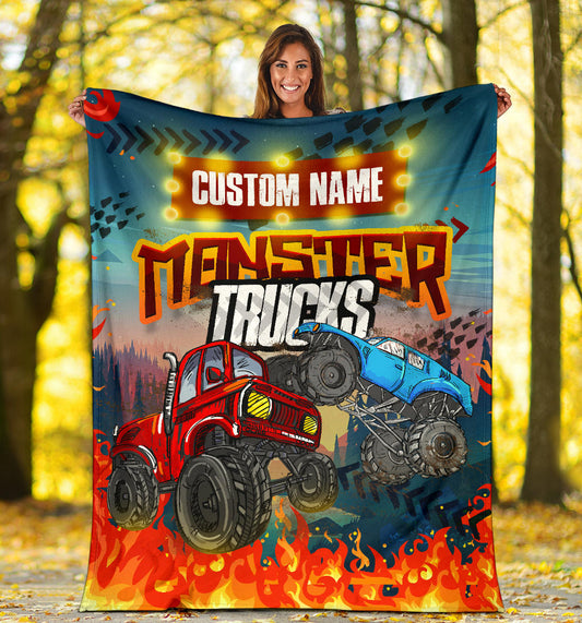 Personalized Name Monster Truck Blanket for Boys & Girls, Childrens Blanket