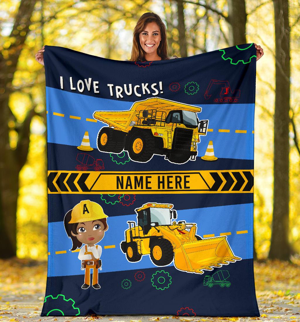 Personalized Name I Love Trucks Blanket for Boys & Girls with Character Personalization
