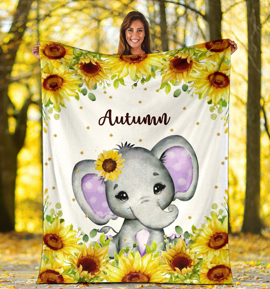 Personalized Name Cute Elephant with Sunflowers Blanket for Girls