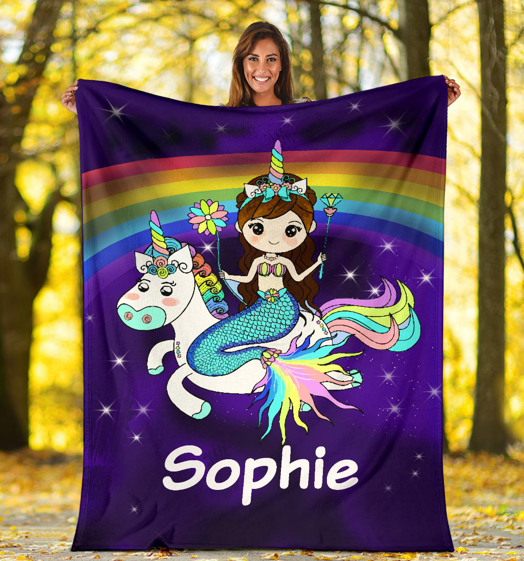 Personalized Name Mermaid & Unicorn Rainbow Blanket for Girls & Boys, Custom Name Blanket for Kids