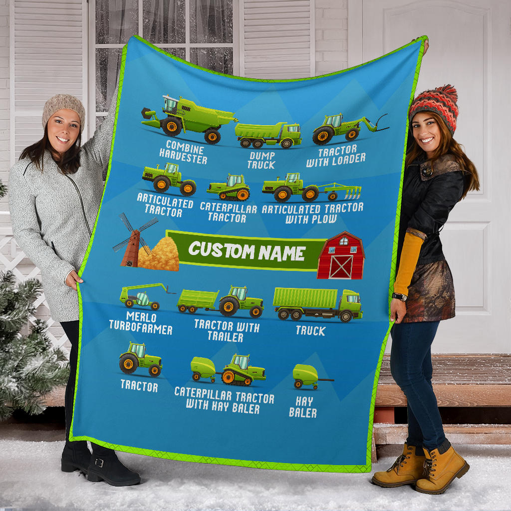 Personalized Name, Farm, Agricultural Machinery, Tractor Blanket for Kids, Boys & Girls Custom Name Blanket