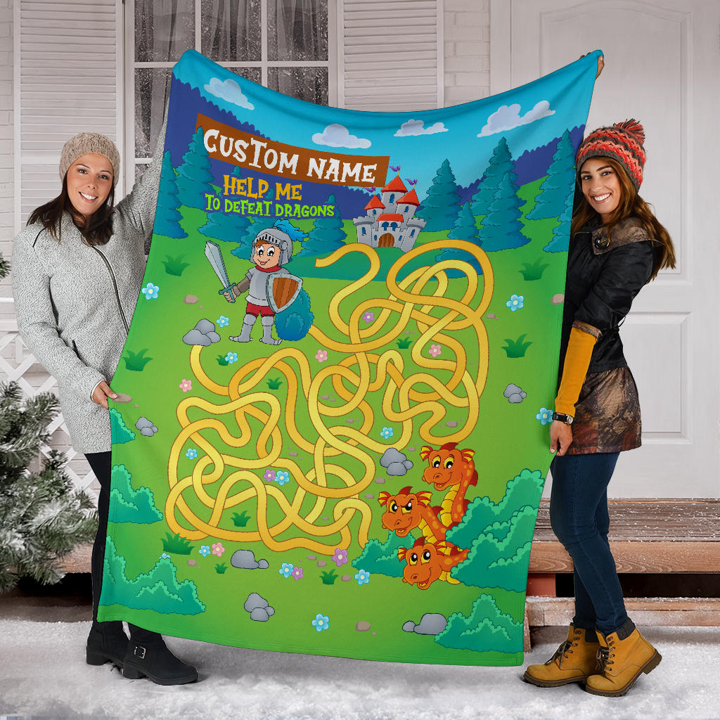 Personalized Name, Educational, Learning Help a Knight To Defeat Dragons Blanket for Kids, Maze Blanket for Boys & Girls