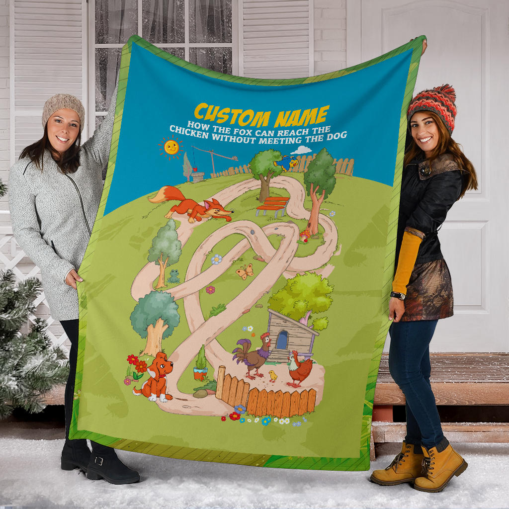 Personalized Name, Educational, Learning, How the Fox Can Reach the Chicken Without Meeting the Dog Blanket for Kids