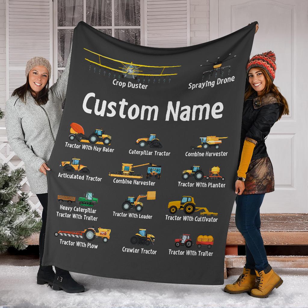Personalized Name Tractor Blanket for Kids, Custom Name Farming Machinery Blanket for Boys & Girls
