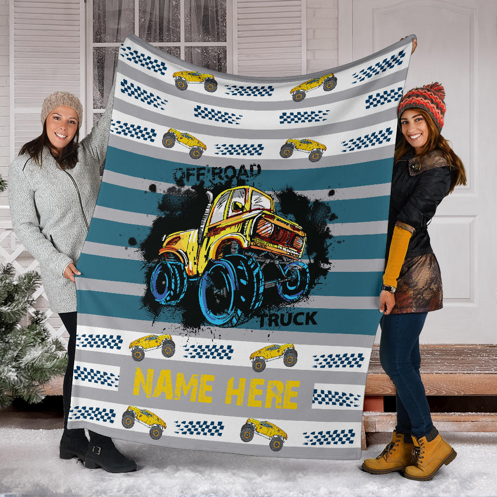 Personalized Name Monster Truck Blanket with Blue Stripes for Boys, Girls & Adults