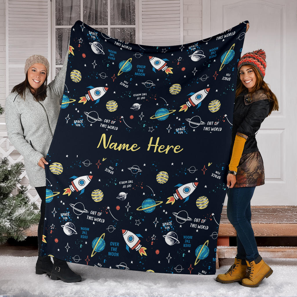 Personalized Name Space Blanket with Rockets & Planets for Boys & Girls