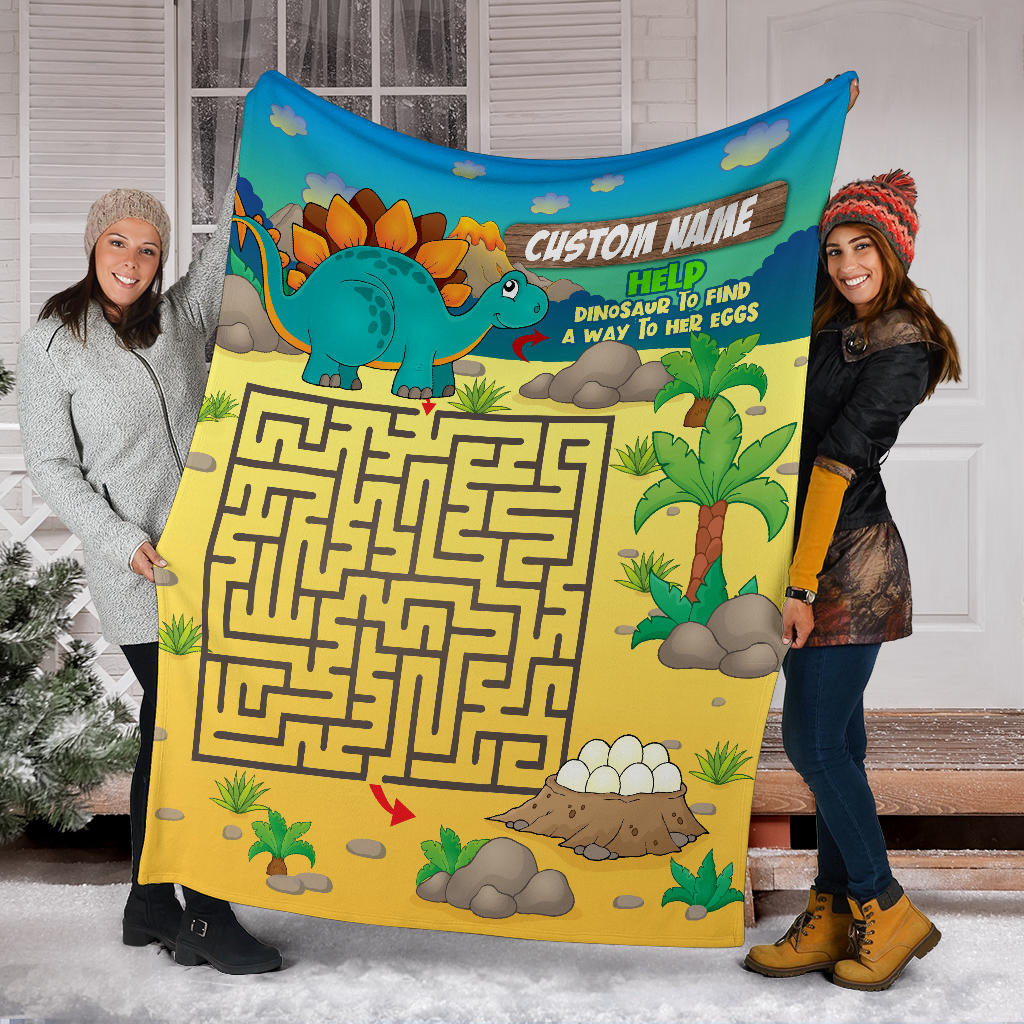 Personalized Name, Educational, Learning Help Dinosaur to Find a Way to Her Eggs Blanket for Kids, Boys & Girls Maze Blanket