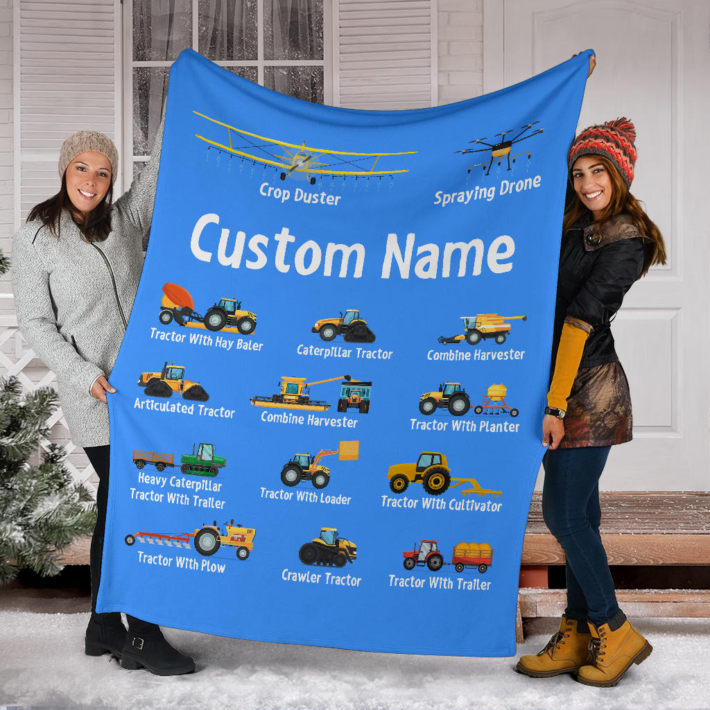 Personalized Name Tractor Blanket for Kids, Custom Name Farming Machinery Blanket for Boys & Girls