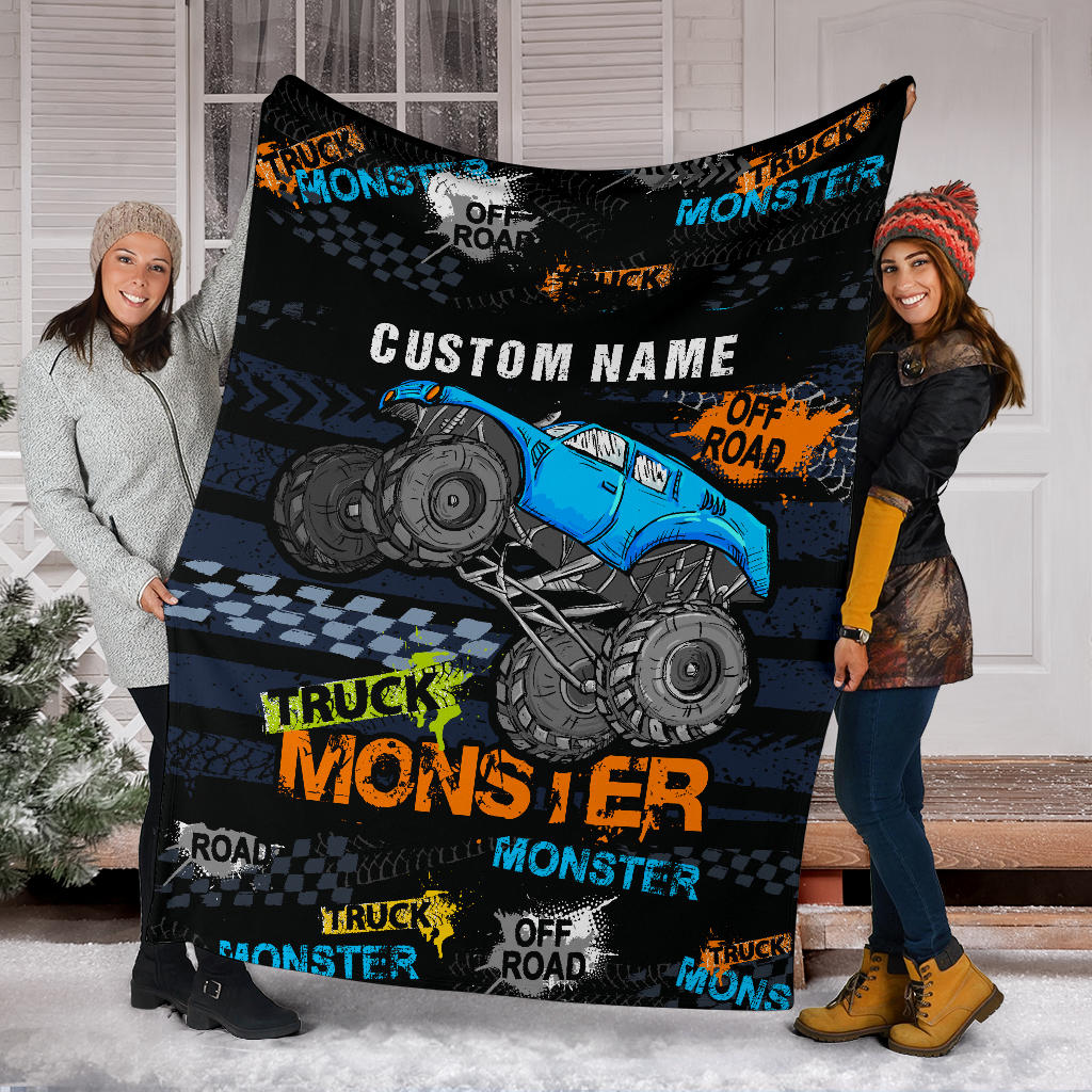 Personalized Name Blue Monster Truck Blanket for Boys & Girls