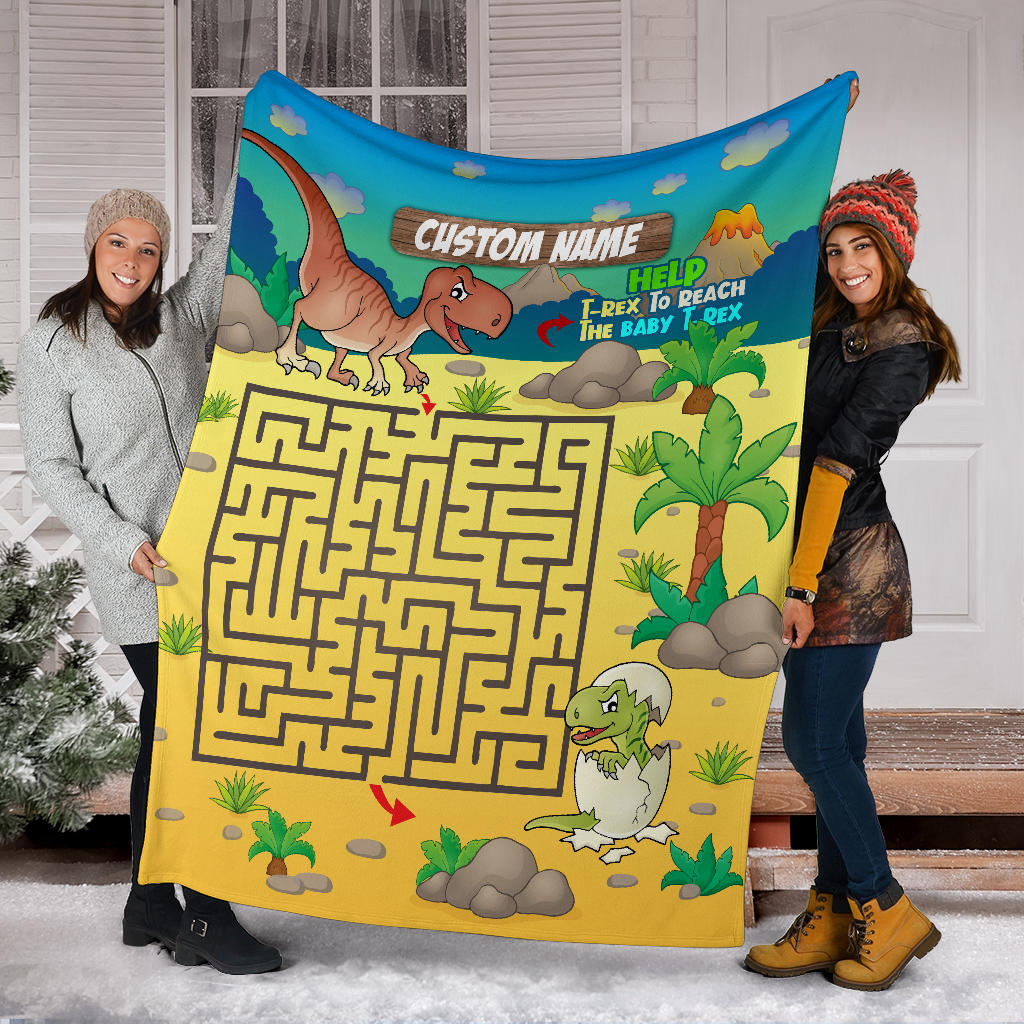 Personalized Name Educational Help T-Rex Maze Blanket for Boys & Girls, Custom Name Dinosaur Blanket for Kids