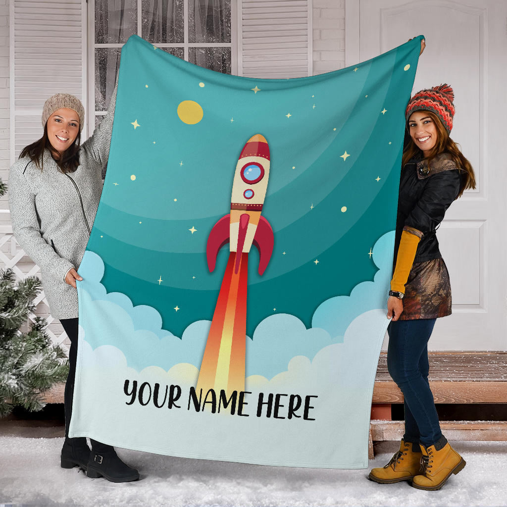 Personalized Name Kids Rocket Launch Space Theme Blanket for Boys and Girls