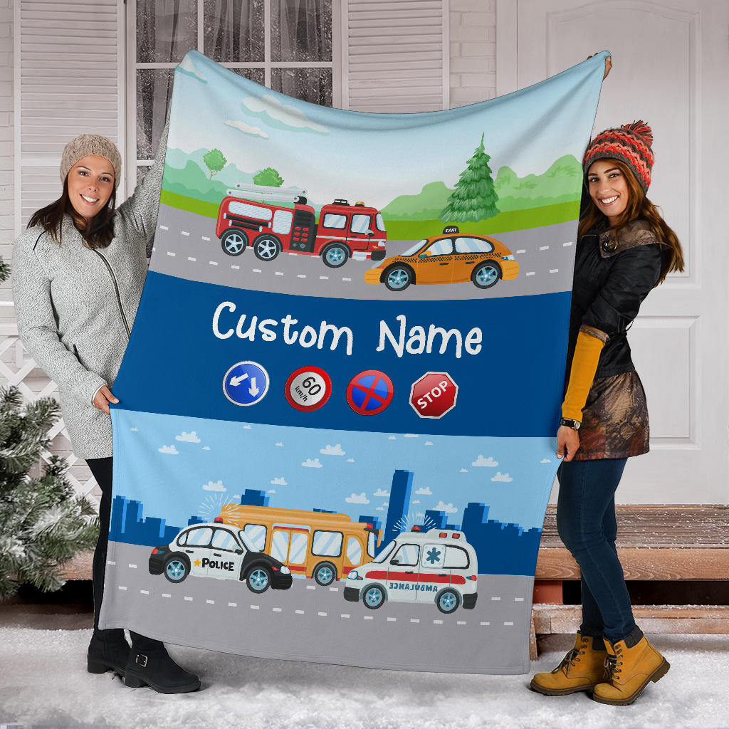 Personalized Name Police, Ambulance, Firefighter, Taxi, Bus Blanket for Kids, Custom Blanket for Boys & Girls