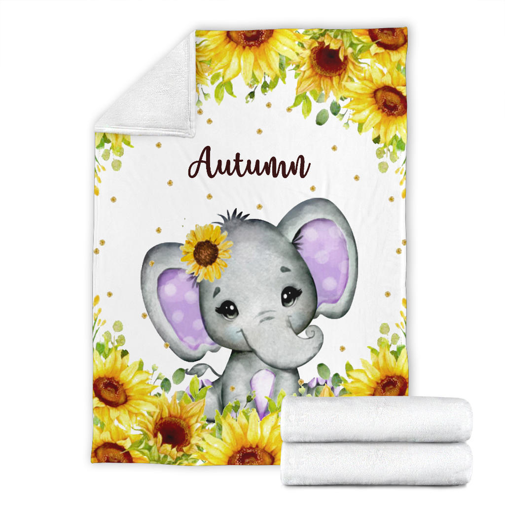 Personalized Name Cute Elephant with Sunflowers Blanket for Girls