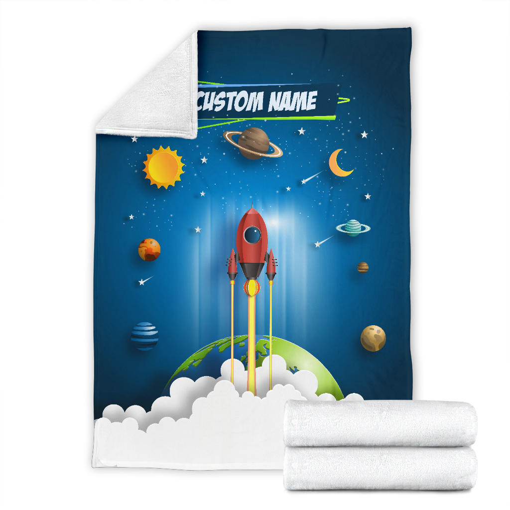 Personalized Name Space Rocket Launch Blanket for Kids, Space Blanket for Boys and Girls