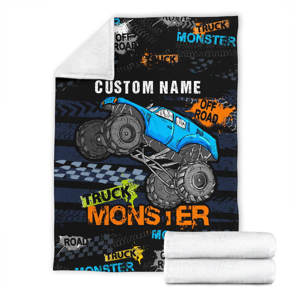 Personalized Name Blue Monster Truck Blanket for Boys & Girls