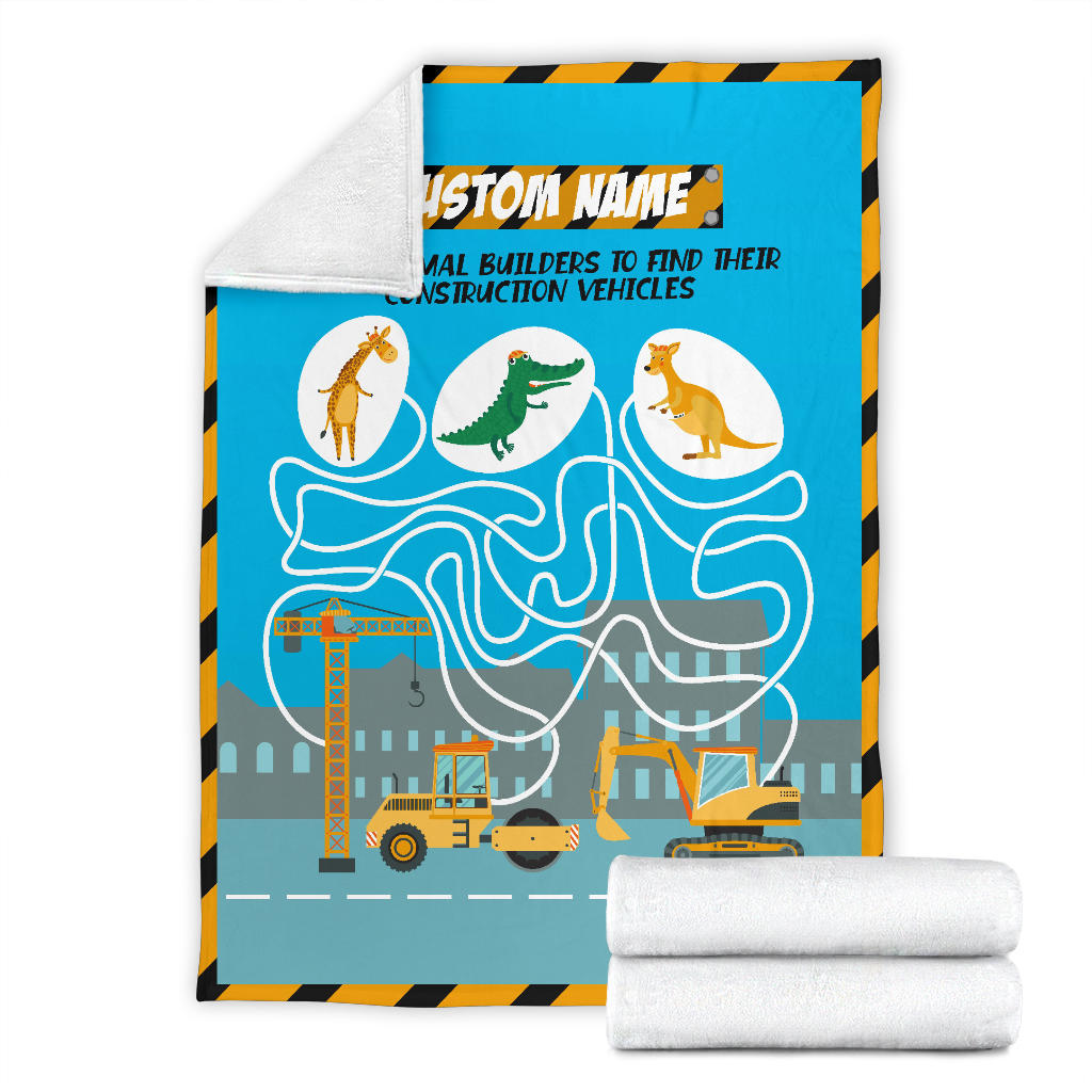 Personalized Name, Educational, Learning Help Animal Builders to Find Their Construction Vehicles Blanket for Kids, Maze Blanket for Boys & Girls